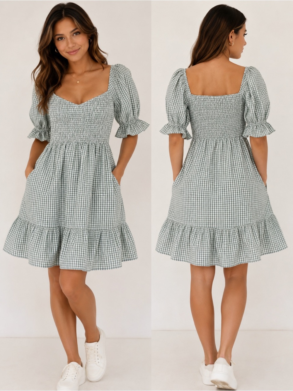 Gingham Smocked Mini Dress in Sage Green